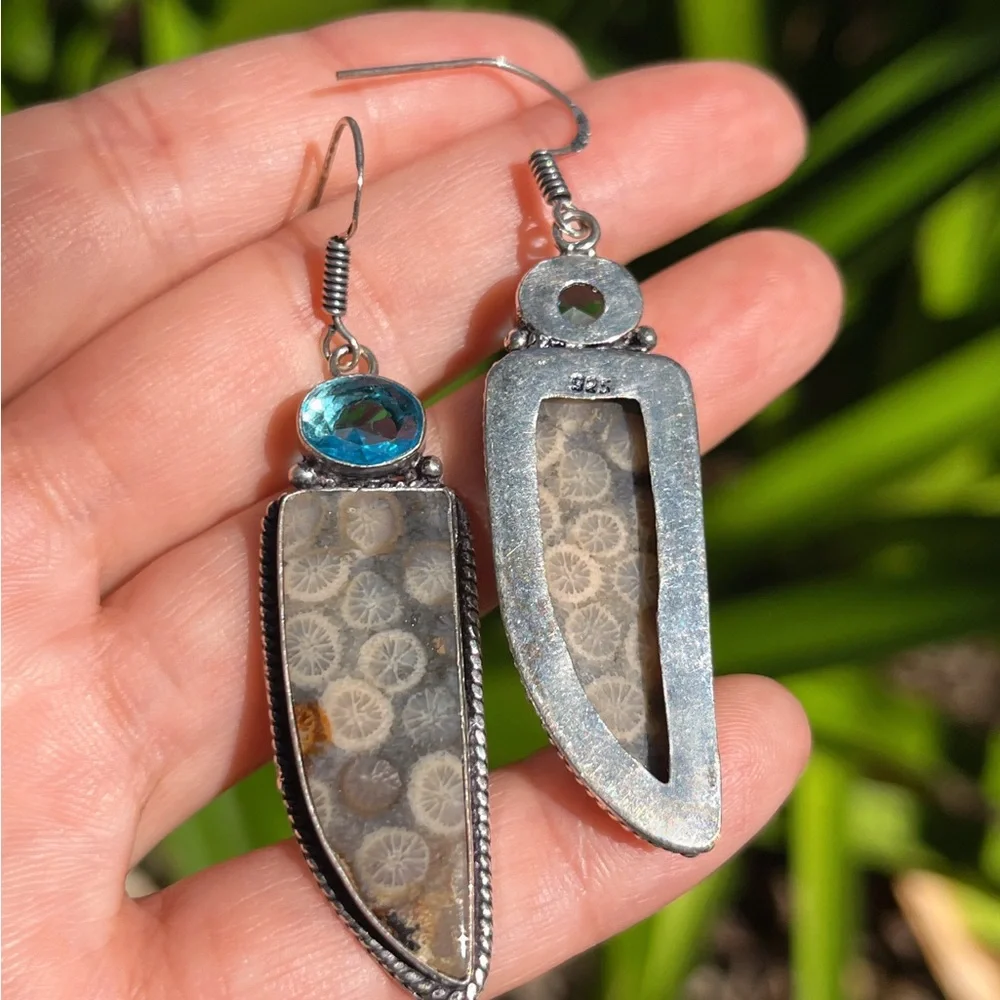 925 Silver plated‎ coral jade drop earrings